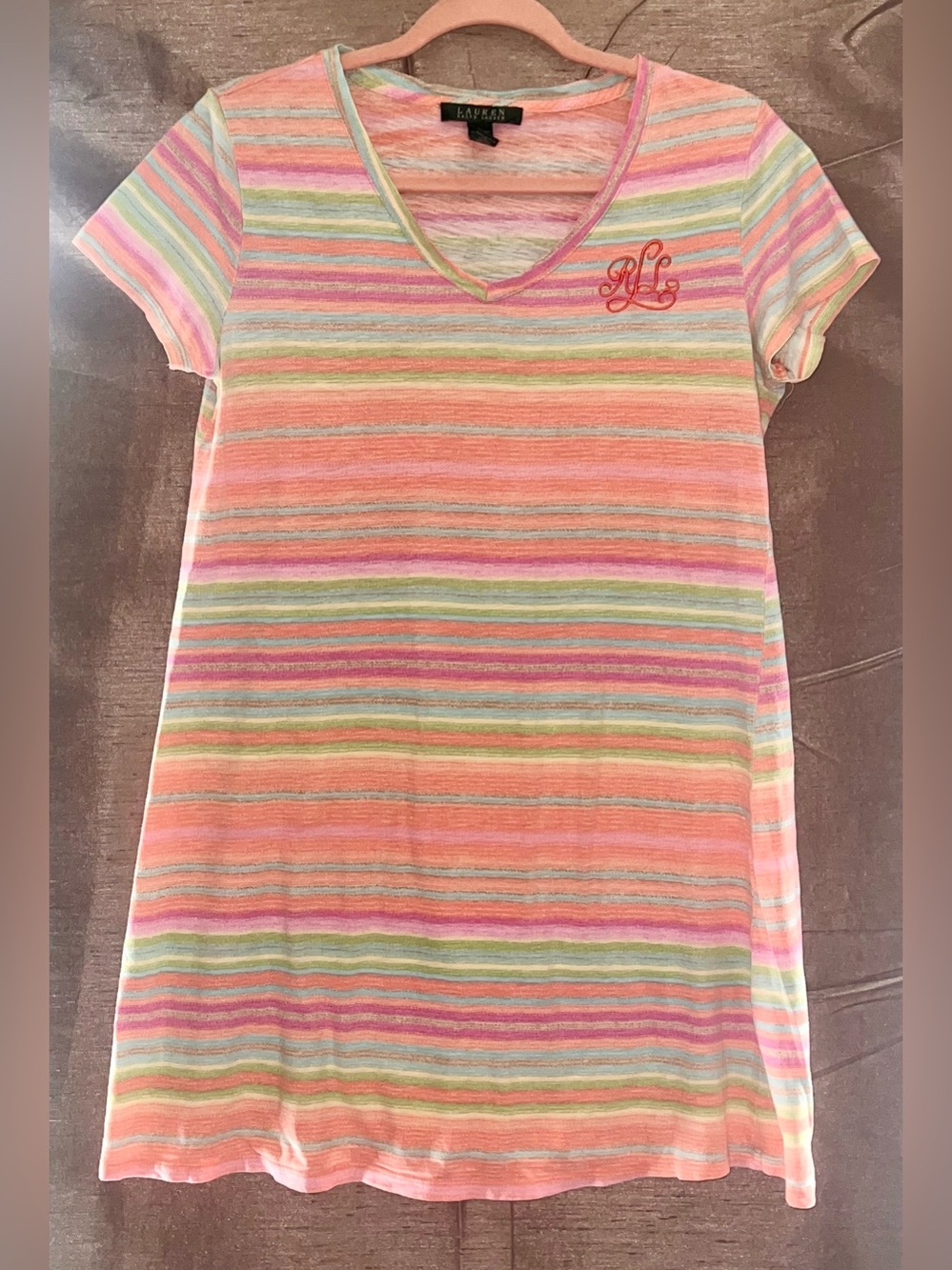 Lauren Ralph Lauren Pastel Striped V-Neck Tee Dress Gown Size S - Multi